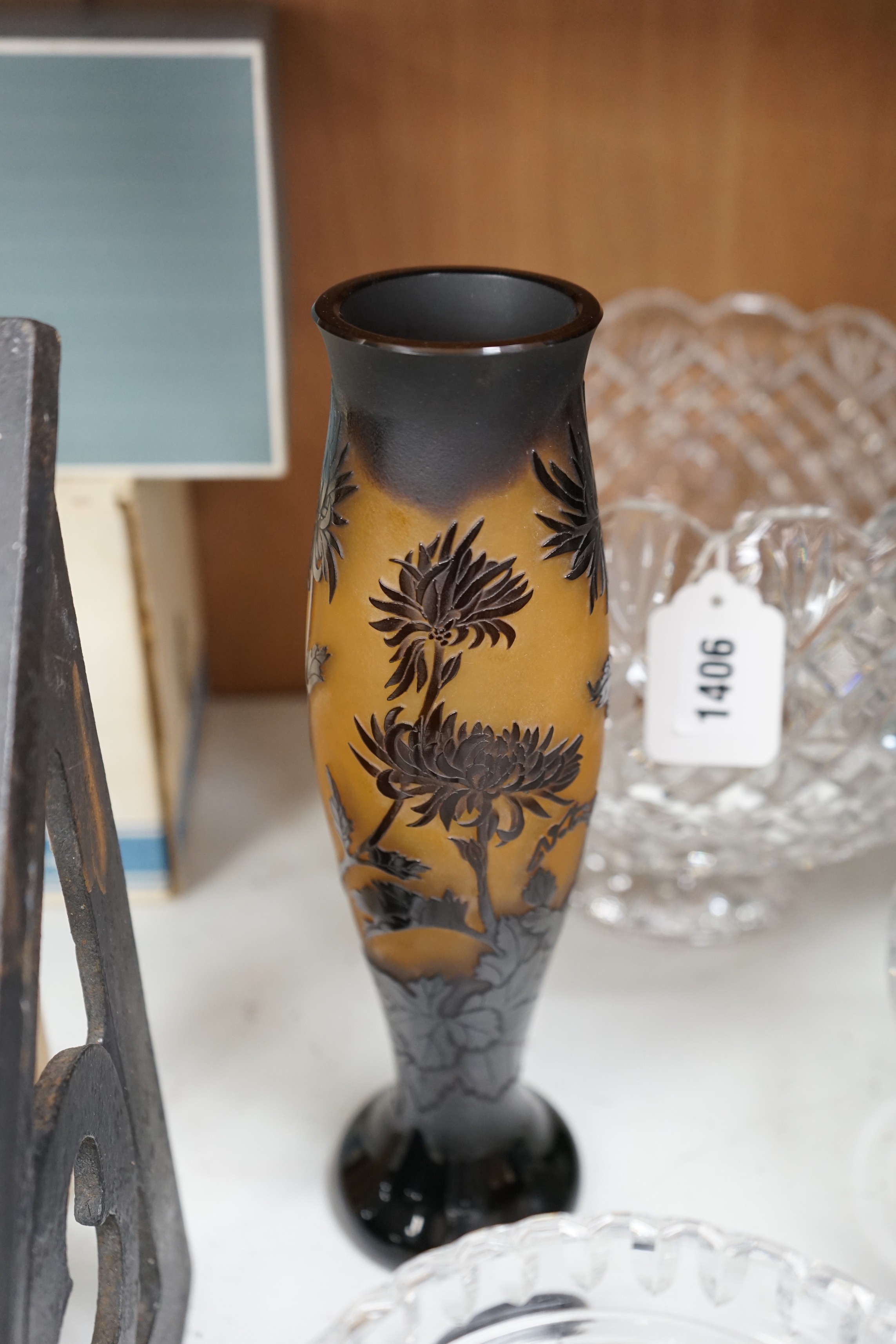 A large Waterford bowl, a biscuit barrel, a decanter with silver neck mount, boxed (Walter Davies) and a Galle style vase, decanter 29cms high